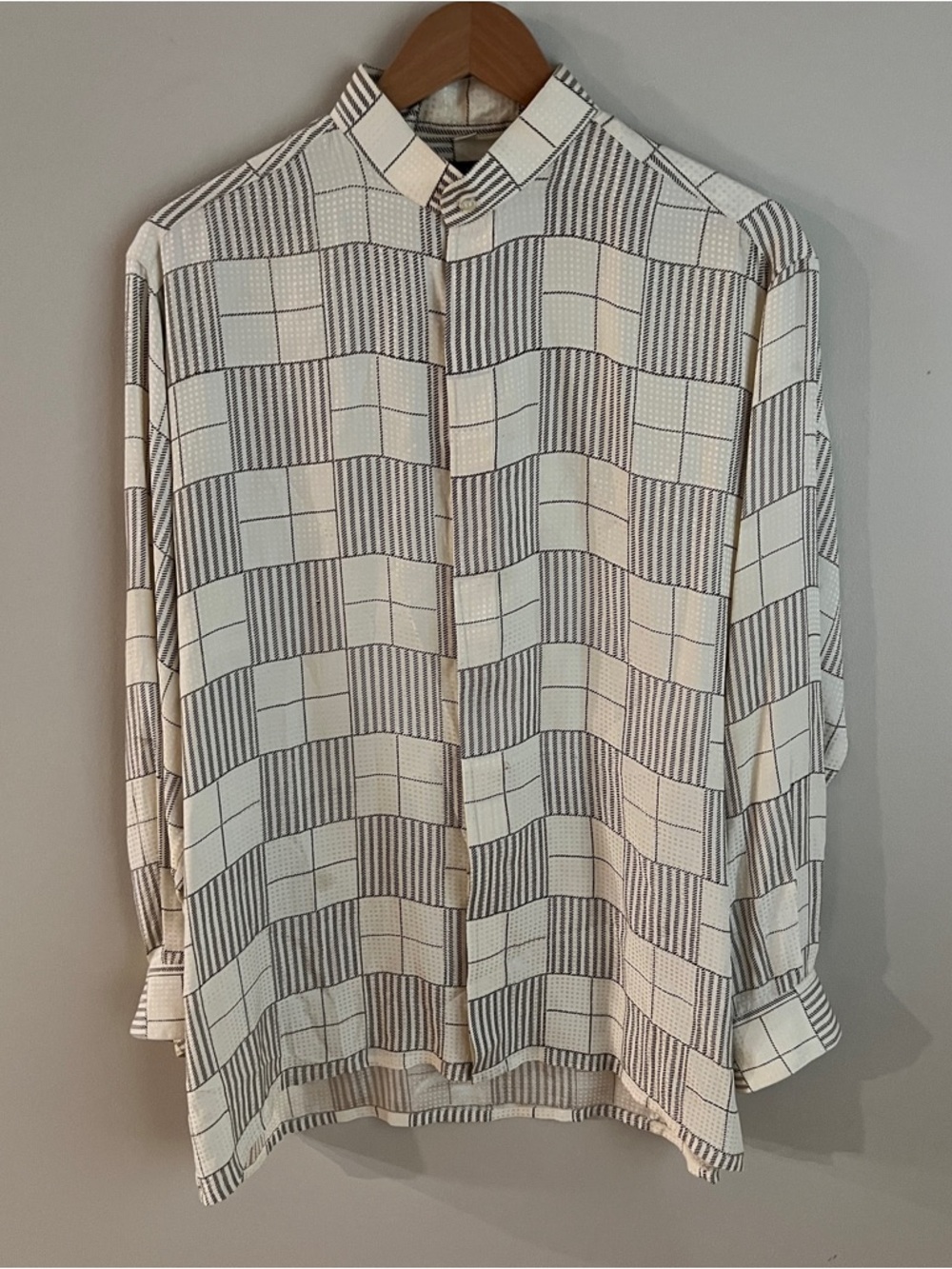 Bocci Pure Silk Beige Gold Mandarin Band Collar Long Sleeve Shirt Mens M Resort